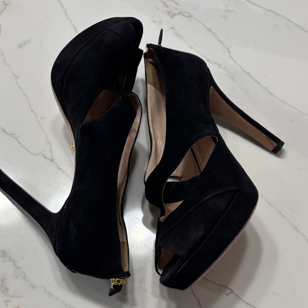 Prada Black Suede Heels with Gold Zipper - Picture 10 of 17